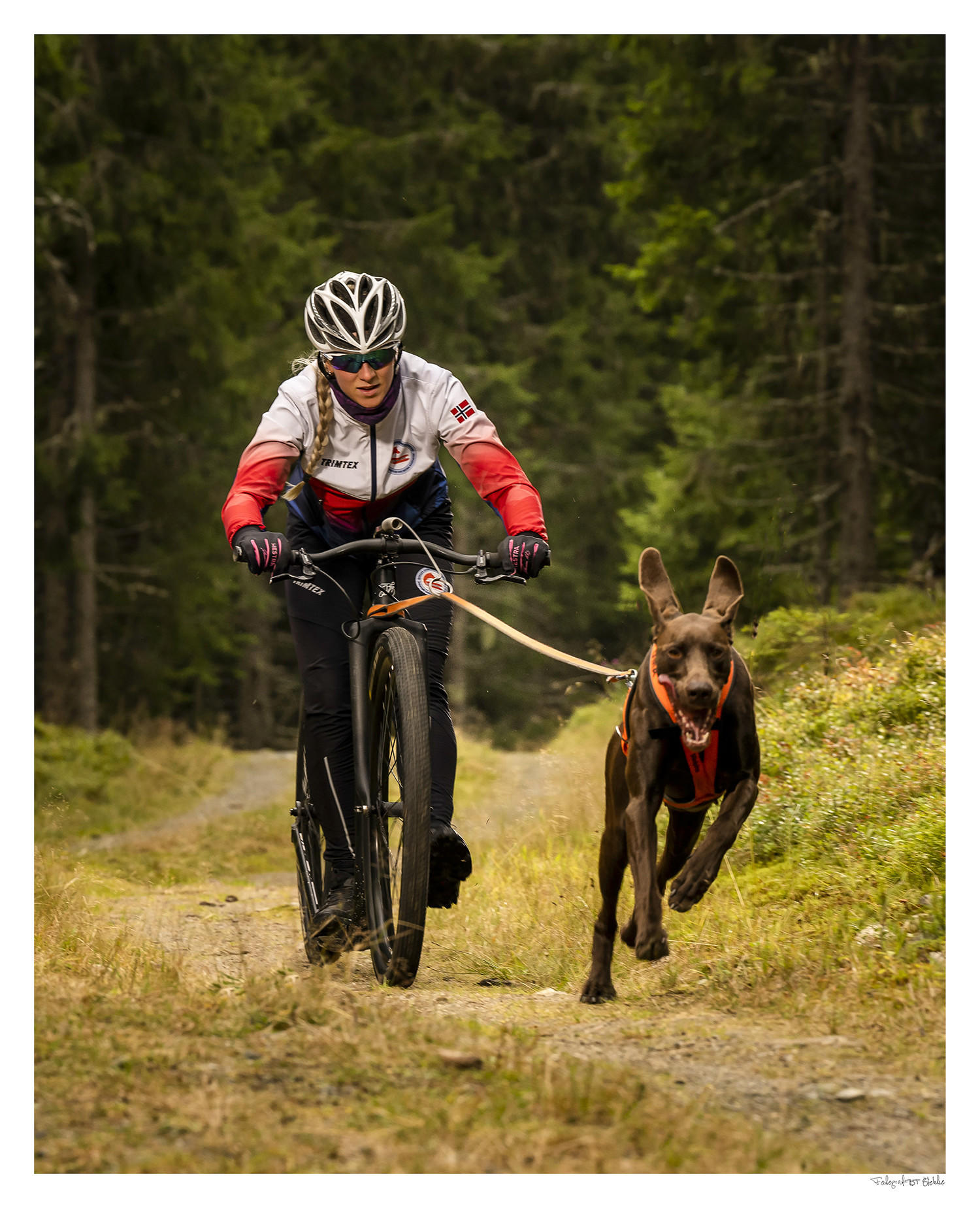 Talentstipendvinner i 2022 Oda Foss Almqvist sykler med hunden sin.